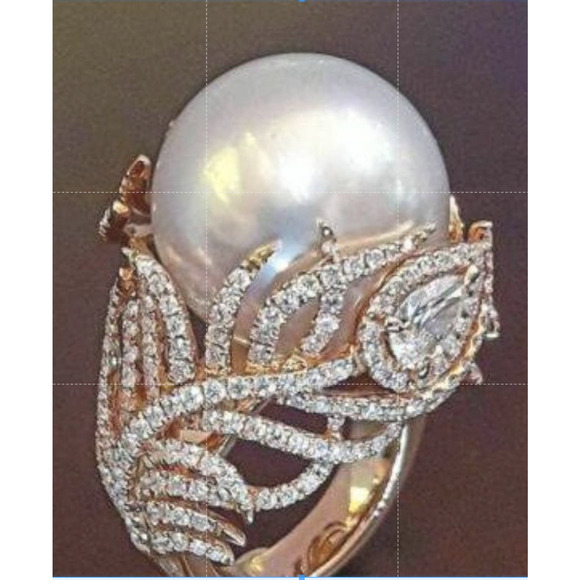 NIB Sz 9 Rose Gold Diamond Rhinestone & Pearl Cocktail Statement Ring - Picture 1 of 6